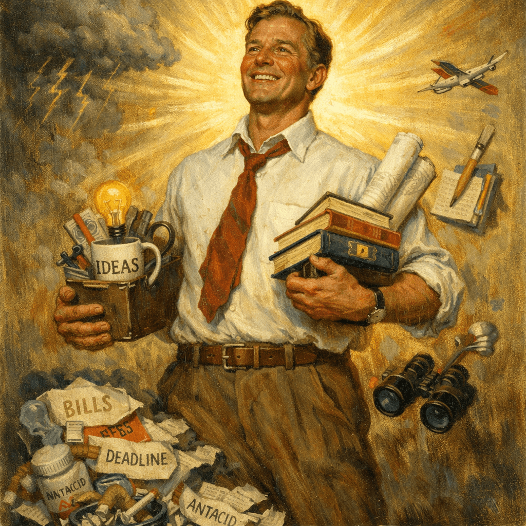 Man holding books and a container labeled IDEAS with a lightbulb, surrounded by bills, deadlines, and binoculars