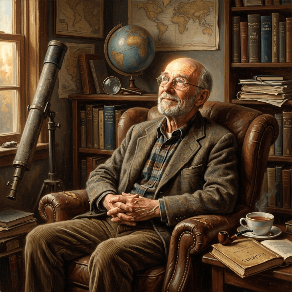 Elderly man sitting in a leather armchair in a study with bookshelves, a globe, telescope, and a cup of tea