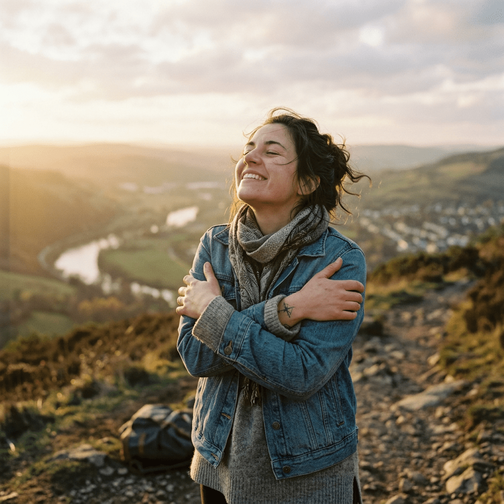 Smiling woman in denim jacket hugging herself on a rocky path with a scenic river valley background at sunset