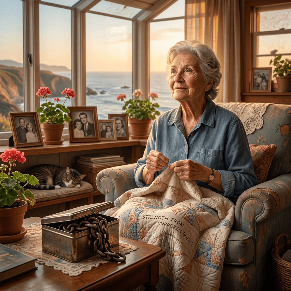 Elderly woman sitting in armchair quilting a patchwork with 'Strength from unbroken bonds' written