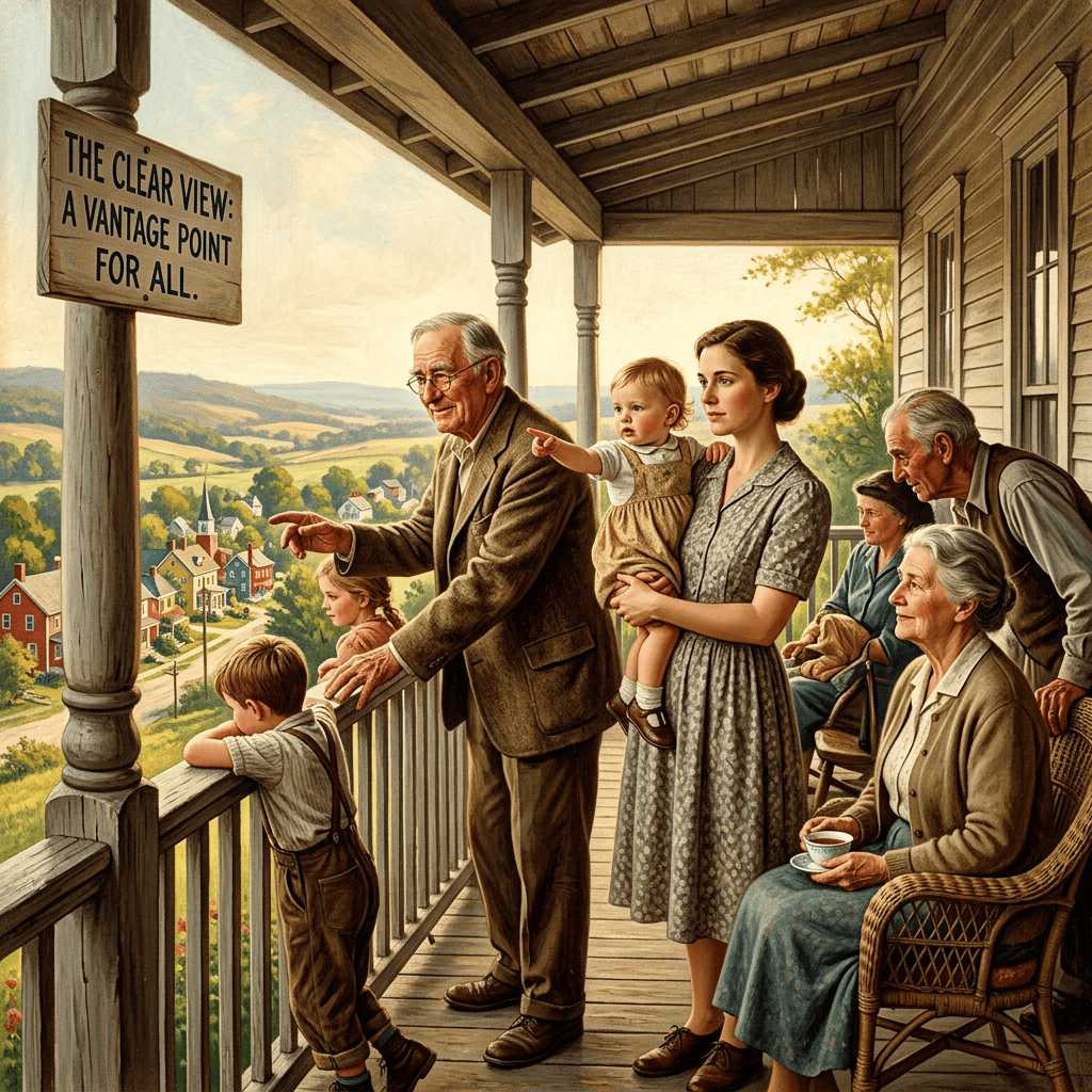Family on porch overlooking village; sign reads “THE CLEAR VIEW: A VANTAGE POINT FOR ALL.”