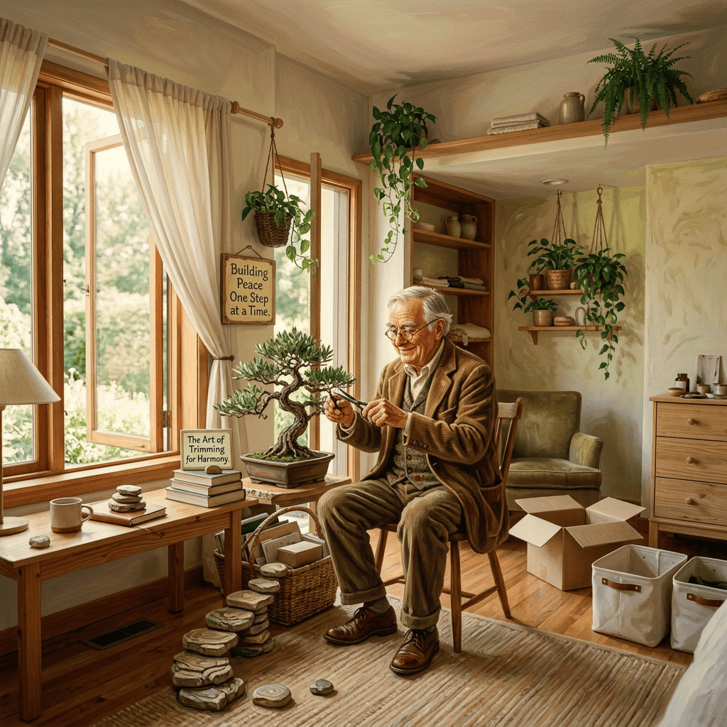 Sunlit living room with plants, books, armchair, and storage boxes